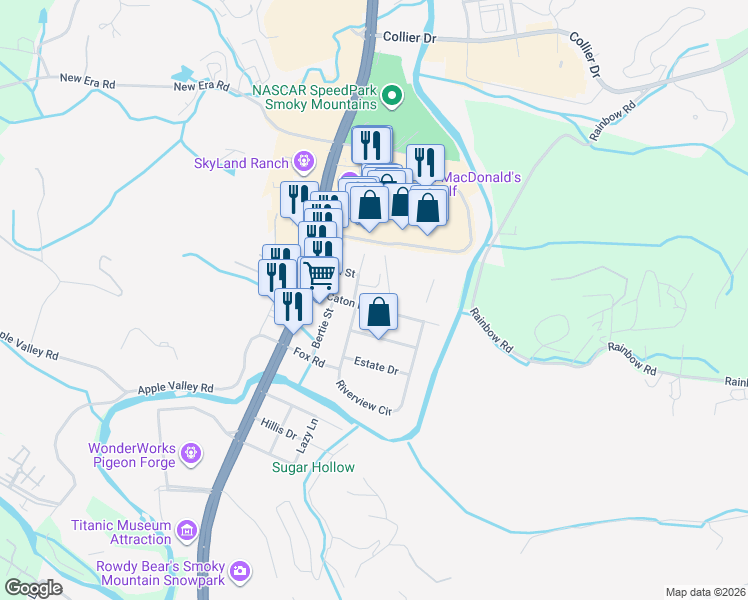 map of restaurants, bars, coffee shops, grocery stores, and more near 212 Caton Road in Sevierville