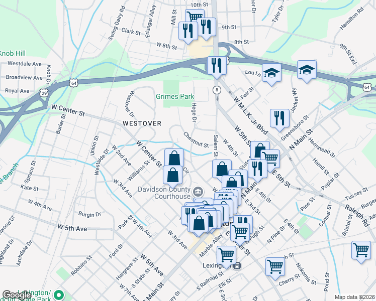 map of restaurants, bars, coffee shops, grocery stores, and more near 9 Hillcrest Circle in Lexington