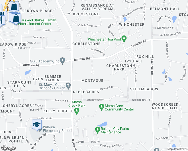 map of restaurants, bars, coffee shops, grocery stores, and more near 3600 Top of the Pines Court in Raleigh