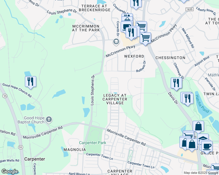 map of restaurants, bars, coffee shops, grocery stores, and more near 314 Linden Park Lane in Cary