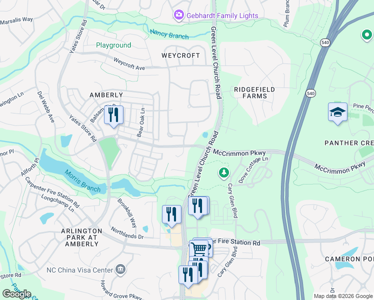 map of restaurants, bars, coffee shops, grocery stores, and more near 900 Green Alder Court in Cary
