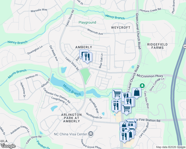 map of restaurants, bars, coffee shops, grocery stores, and more near 1050 Residents Club Drive in Cary