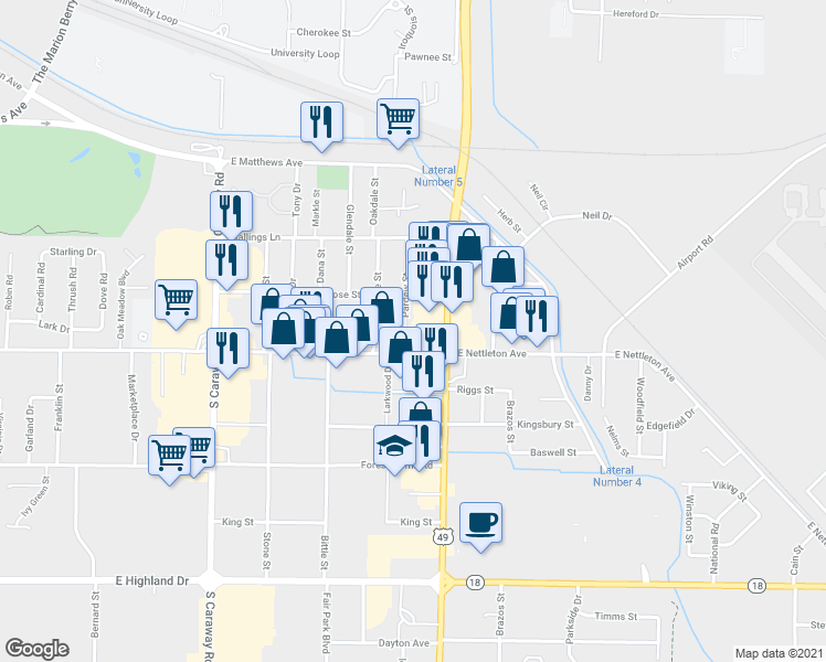 map of restaurants, bars, coffee shops, grocery stores, and more near 1323 Pardew Street in Jonesboro
