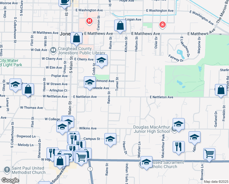map of restaurants, bars, coffee shops, grocery stores, and more near 1315 Turner Street in Jonesboro