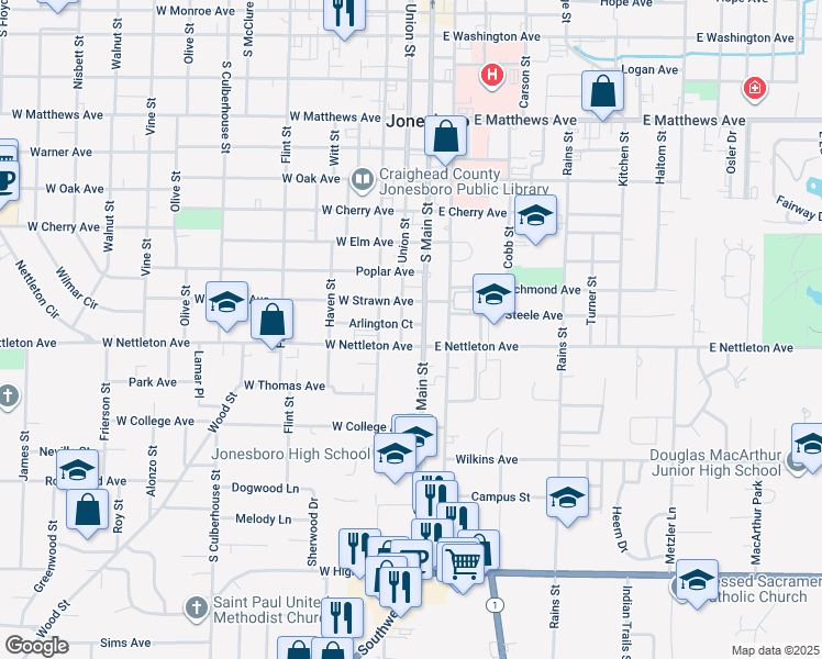map of restaurants, bars, coffee shops, grocery stores, and more near 205 Arlington Court in Jonesboro