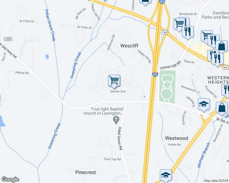 map of restaurants, bars, coffee shops, grocery stores, and more near 308 Berrier Avenue in Lexington