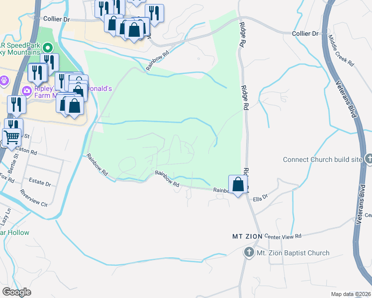 map of restaurants, bars, coffee shops, grocery stores, and more near 661 Rainbow Road in Sevierville