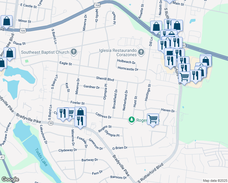 map of restaurants, bars, coffee shops, grocery stores, and more near 906 Brookfield Drive in Murfreesboro