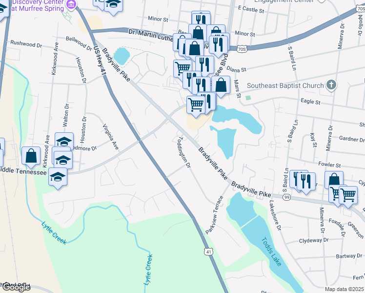 map of restaurants, bars, coffee shops, grocery stores, and more near 1107 Toddington Drive in Murfreesboro