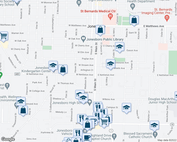 map of restaurants, bars, coffee shops, grocery stores, and more near 205 Arlington Court in Jonesboro