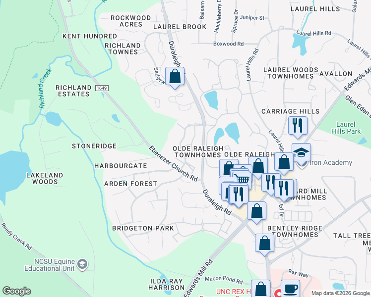 map of restaurants, bars, coffee shops, grocery stores, and more near 3609 Baron Monck Pass in Raleigh