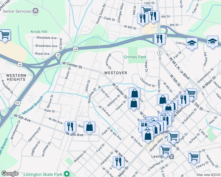 map of restaurants, bars, coffee shops, grocery stores, and more near 6 South Payne Street in Lexington