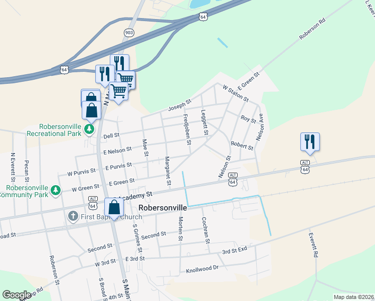 map of restaurants, bars, coffee shops, grocery stores, and more near 416 East Purvis Street in Robersonville