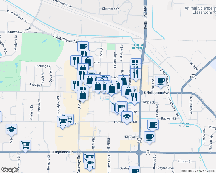 map of restaurants, bars, coffee shops, grocery stores, and more near 2705 Noble Drive in Jonesboro
