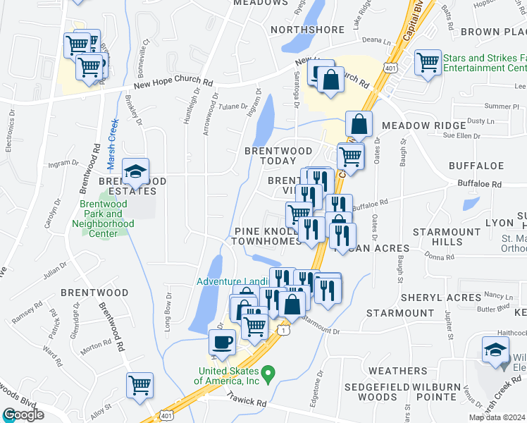 map of restaurants, bars, coffee shops, grocery stores, and more near 3553 Londonville Lane in Raleigh