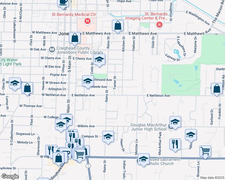 map of restaurants, bars, coffee shops, grocery stores, and more near 1315 Turner Street in Jonesboro