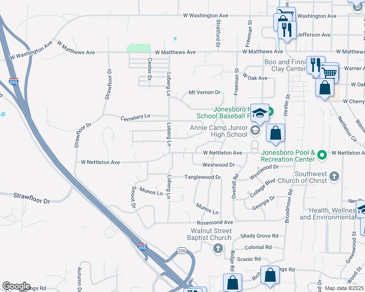 map of restaurants, bars, coffee shops, grocery stores, and more near 1307 Santa Fe Circle in Jonesboro