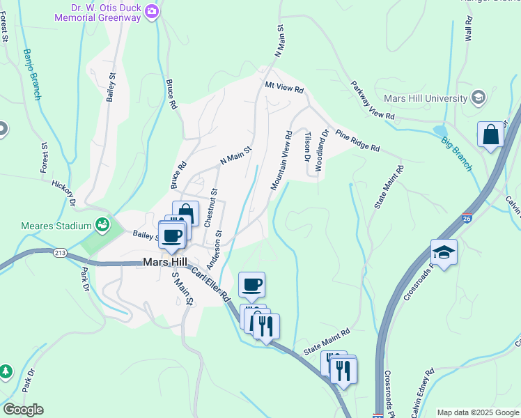map of restaurants, bars, coffee shops, grocery stores, and more near 367 Mountain View Road in Mars Hill