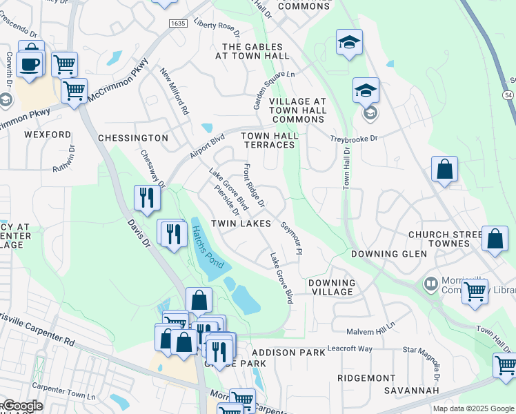 map of restaurants, bars, coffee shops, grocery stores, and more near 503 Front Ridge Drive in Cary