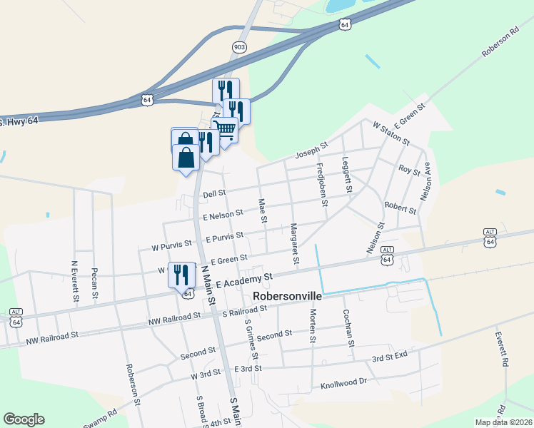map of restaurants, bars, coffee shops, grocery stores, and more near 303 East Nelson Street in Robersonville