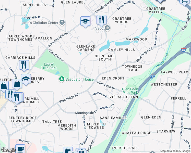 map of restaurants, bars, coffee shops, grocery stores, and more near 3603 Blue Ridge Road in Raleigh