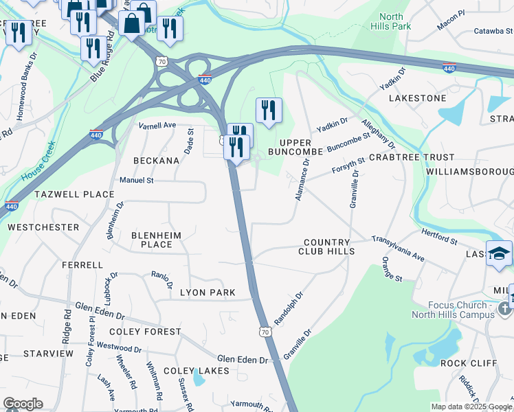 map of restaurants, bars, coffee shops, grocery stores, and more near 3600 Glenwood Avenue in Raleigh
