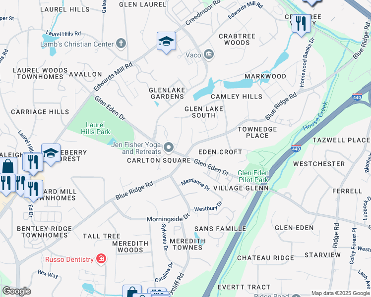 map of restaurants, bars, coffee shops, grocery stores, and more near 3603 Blue Ridge Road in Raleigh