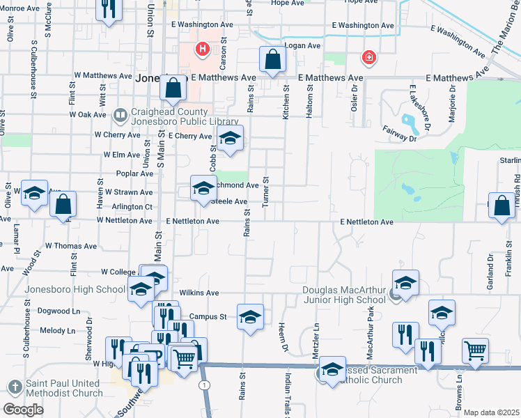 map of restaurants, bars, coffee shops, grocery stores, and more near 1315 Turner Street in Jonesboro