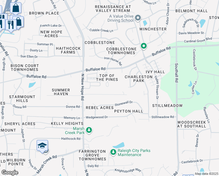 map of restaurants, bars, coffee shops, grocery stores, and more near 3600 Top of the Pines Court in Raleigh