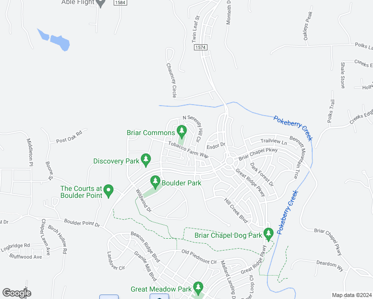 map of restaurants, bars, coffee shops, grocery stores, and more near Tobacco Farm Way in Chapel Hill