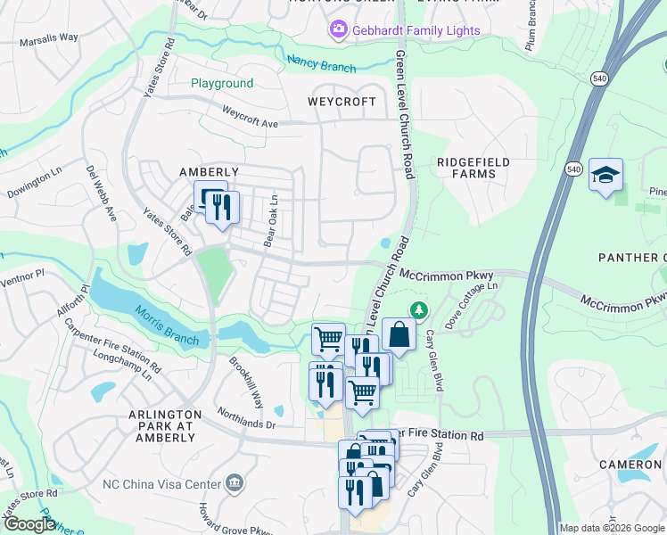 map of restaurants, bars, coffee shops, grocery stores, and more near 900 Green Alder Court in Cary