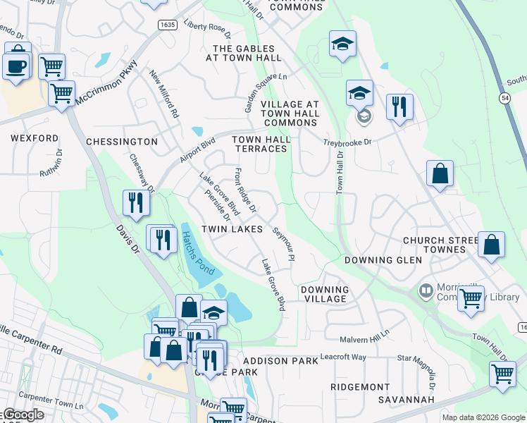 map of restaurants, bars, coffee shops, grocery stores, and more near 605 Piper Stream Circle in Cary
