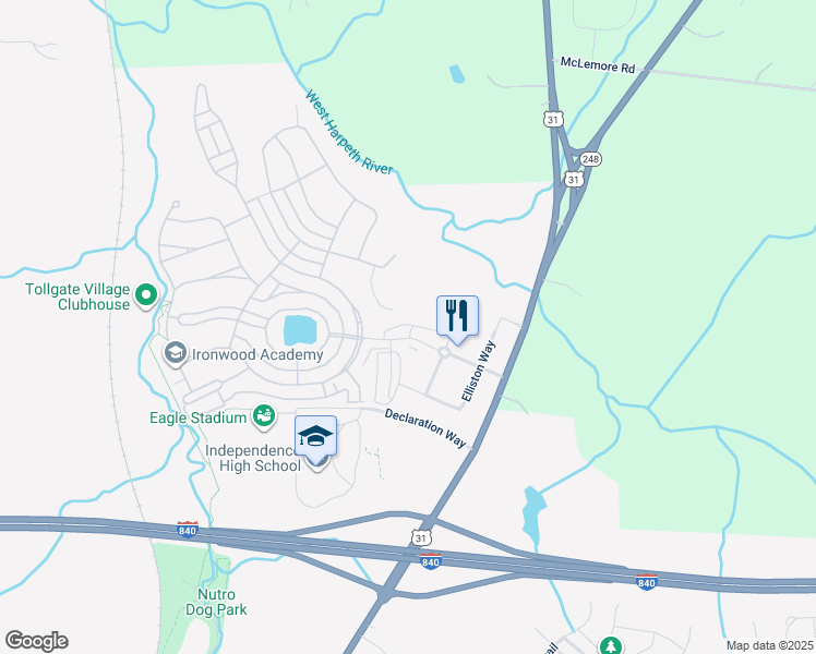 map of restaurants, bars, coffee shops, grocery stores, and more near 2051 Tollgate Boulevard in Thompson's Station