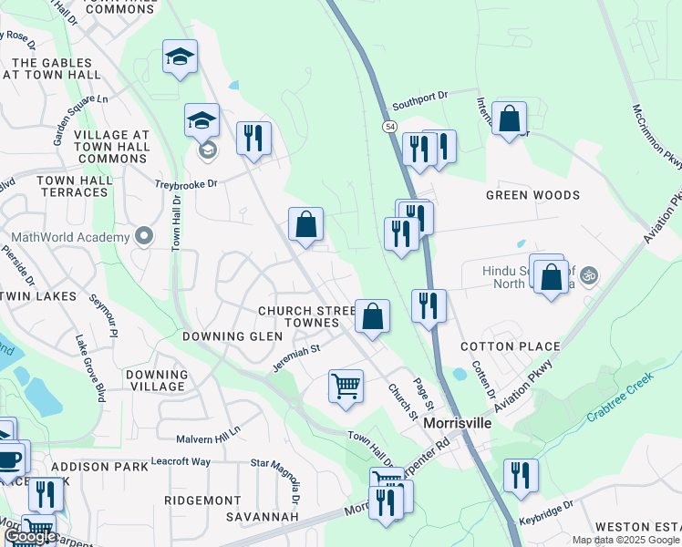 map of restaurants, bars, coffee shops, grocery stores, and more near 82 Taylor Glen Drive in Morrisville