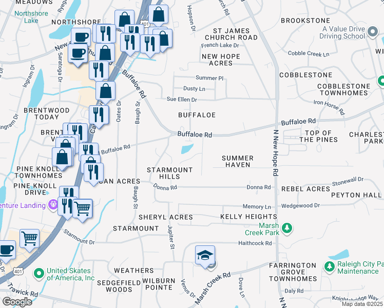 map of restaurants, bars, coffee shops, grocery stores, and more near 3601 Durwood Lane in Raleigh