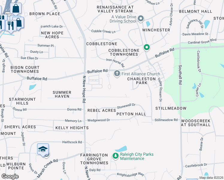 map of restaurants, bars, coffee shops, grocery stores, and more near 3600 Top of the Pines Court in Raleigh