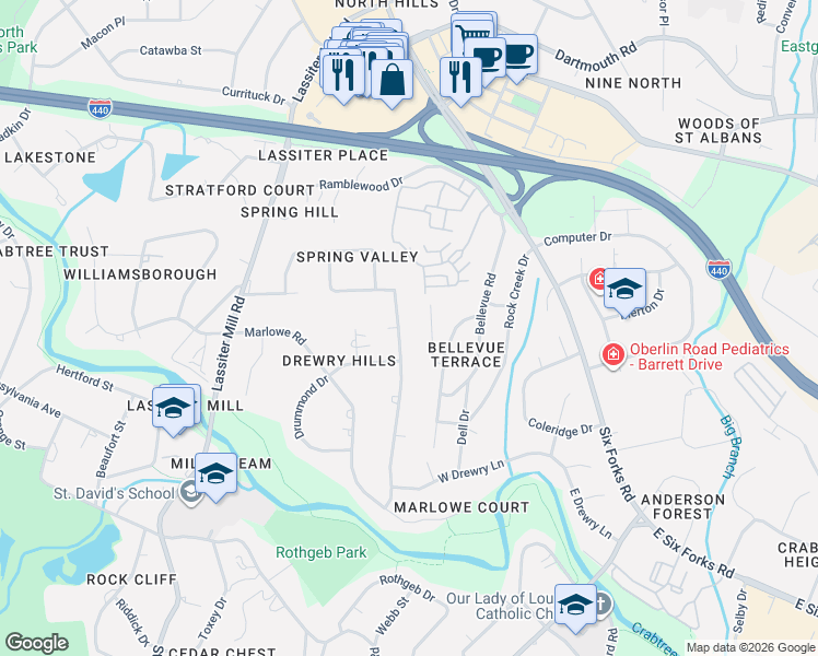 map of restaurants, bars, coffee shops, grocery stores, and more near 3411 Landor Road in Raleigh