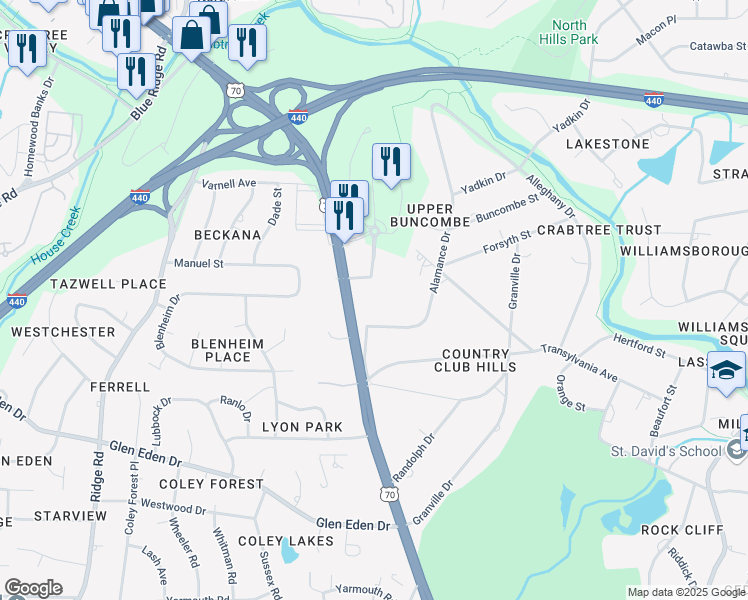 map of restaurants, bars, coffee shops, grocery stores, and more near 3600 U.S. 70 in Raleigh