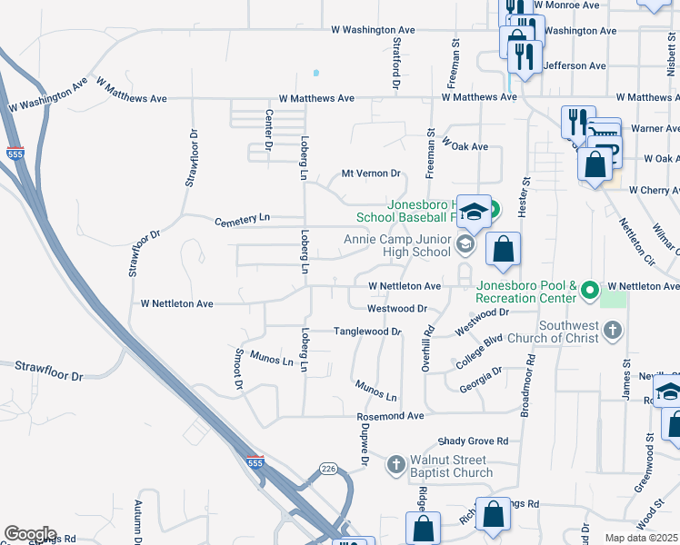map of restaurants, bars, coffee shops, grocery stores, and more near 1307 Santa Fe Circle in Jonesboro
