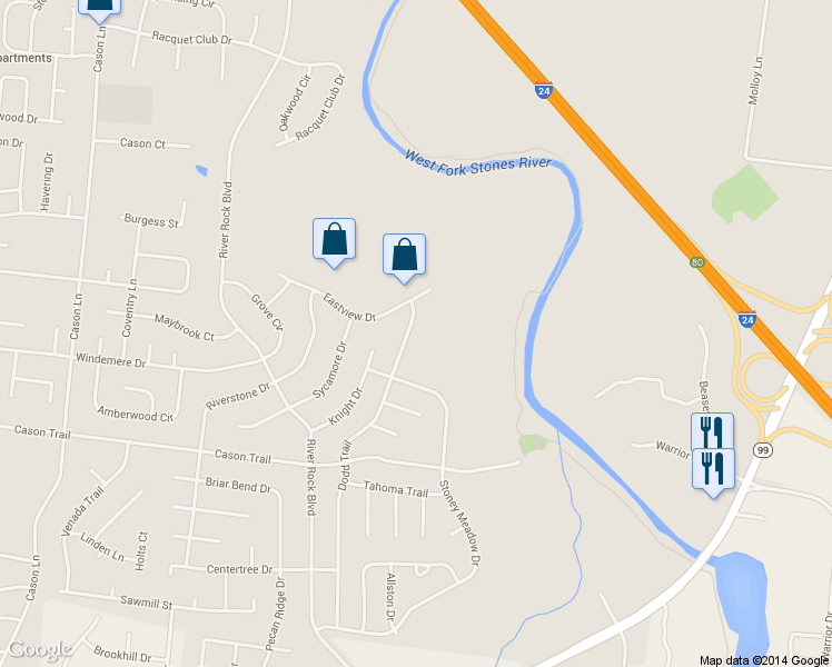map of restaurants, bars, coffee shops, grocery stores, and more near 1315 Dodd Trail in Murfreesboro