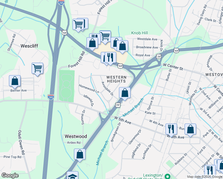 map of restaurants, bars, coffee shops, grocery stores, and more near 115 Avondale Drive in Lexington