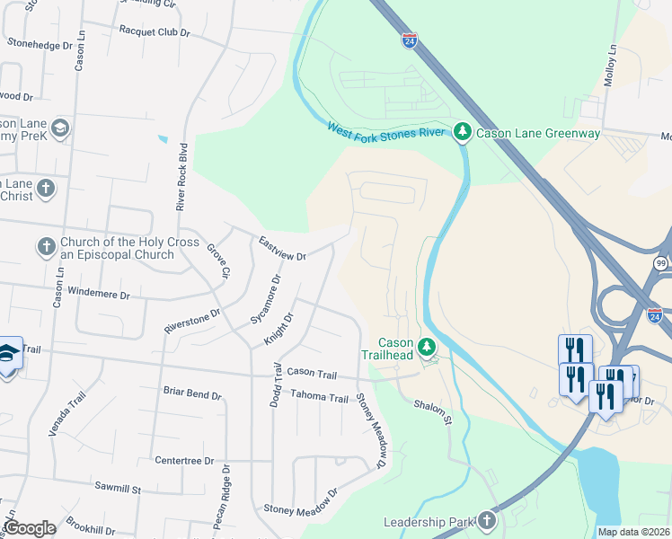 map of restaurants, bars, coffee shops, grocery stores, and more near 1315 Dodd Trail in Murfreesboro