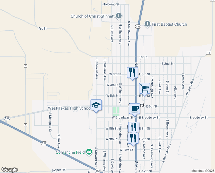 map of restaurants, bars, coffee shops, grocery stores, and more near 411 North Cal Davis Avenue in Stinnett