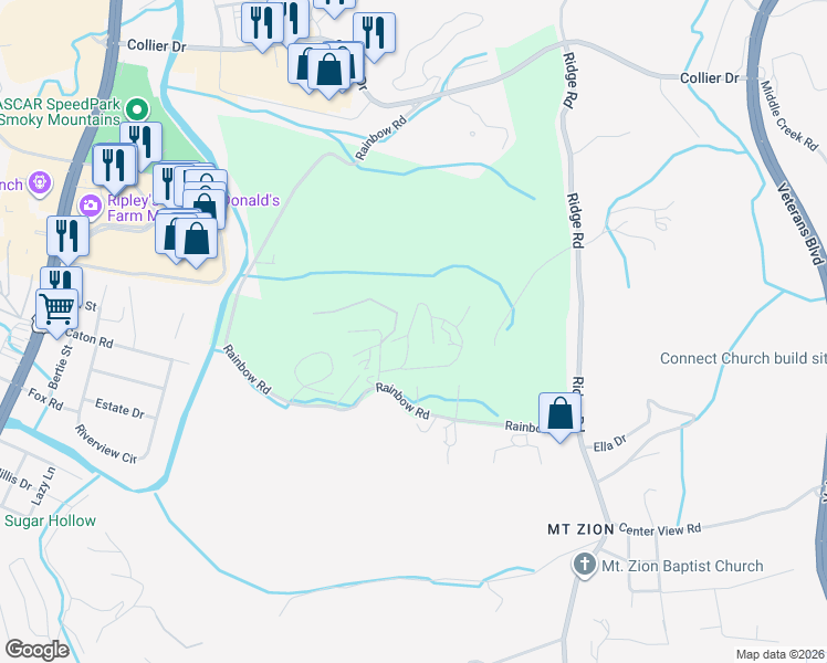 map of restaurants, bars, coffee shops, grocery stores, and more near 1584 Rainbow Ridge Way in Sevierville