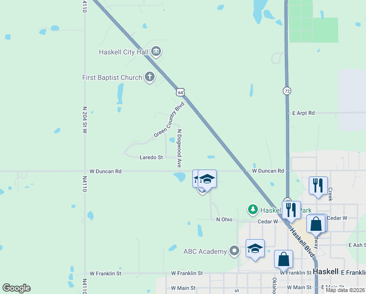 map of restaurants, bars, coffee shops, grocery stores, and more near 1110 Dogwood in Haskell