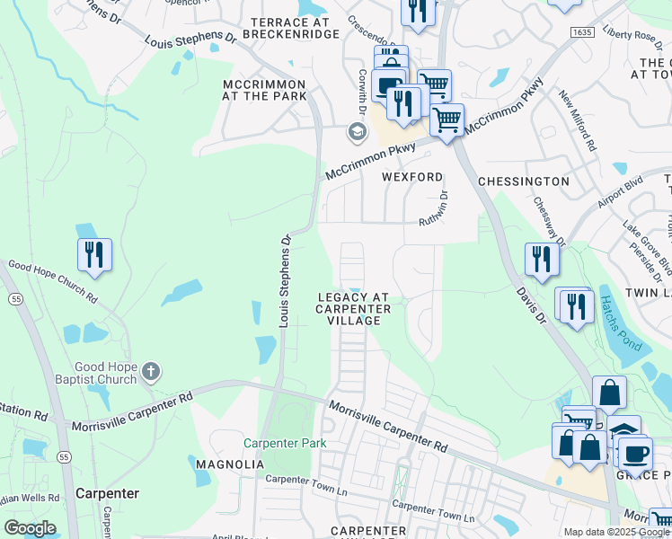 map of restaurants, bars, coffee shops, grocery stores, and more near 314 Linden Park Lane in Cary