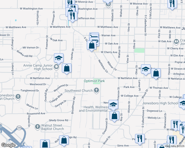 map of restaurants, bars, coffee shops, grocery stores, and more near 1116 County Road 449 in Jonesboro