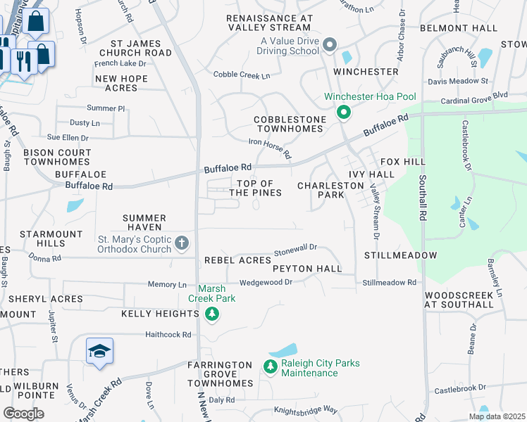 map of restaurants, bars, coffee shops, grocery stores, and more near 3606 Top of the Pines Court in Raleigh
