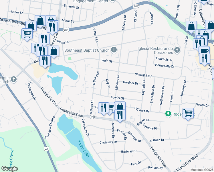 map of restaurants, bars, coffee shops, grocery stores, and more near 919 Kay Street in Murfreesboro