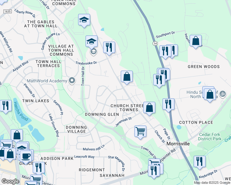 map of restaurants, bars, coffee shops, grocery stores, and more near 205 Downing Glen Drive in Morrisville